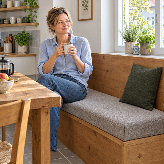 Frau mit Kaffee auf der Küchenbank mit Bankauflage nach Maß in Cappuccino