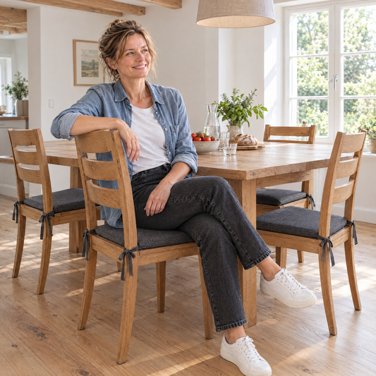 Lachende Frau auf einem Holzstuhl am Esstisch mit Trapez Stuhlkissen nach Maß in Graphit und Bändern